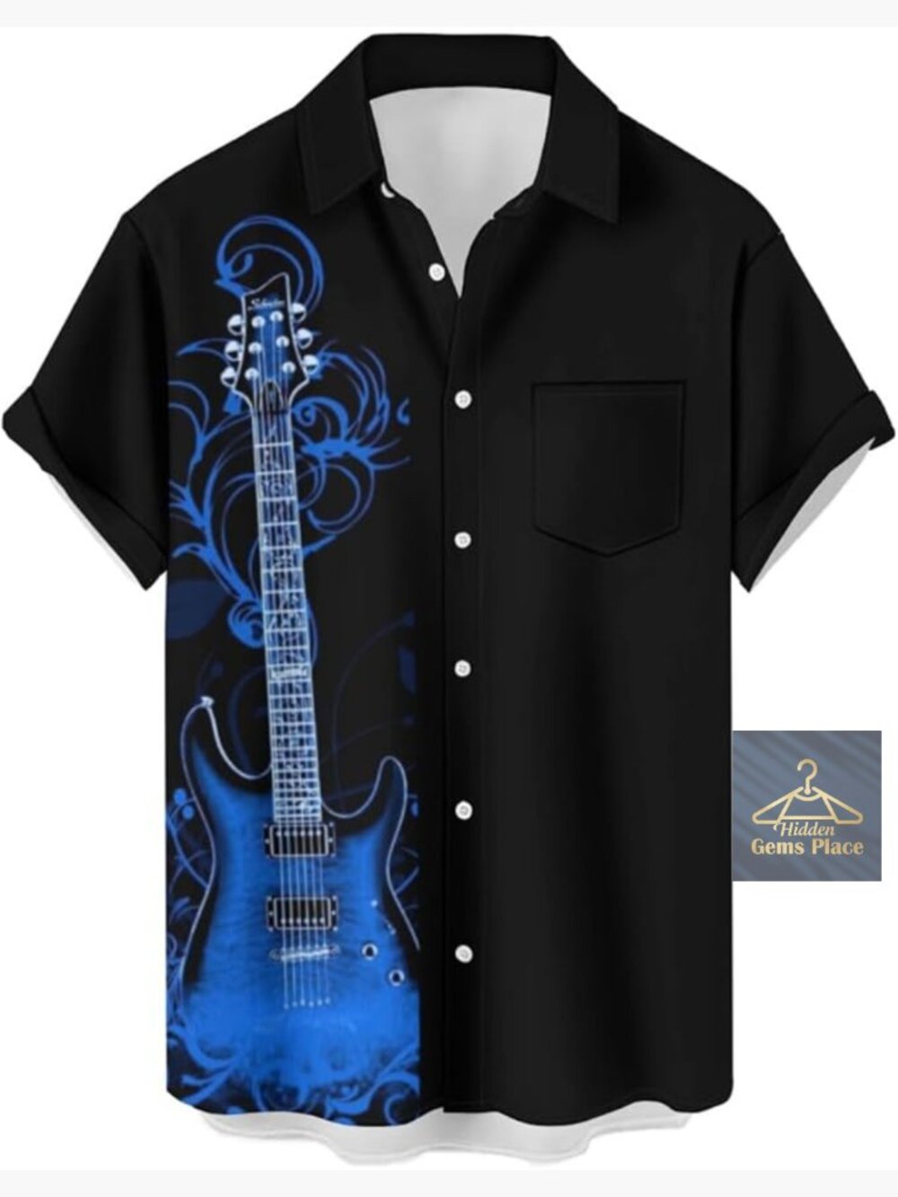 Men's Music Guitar Printed Short Sleeve Button Down Shirt - Breathable Casual